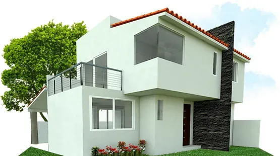 Render de sobrado com varanda e jardim